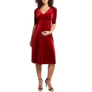 Ingrid & Isabel Velvet V-Neck Midi Maternity Dress in Bright Crimson